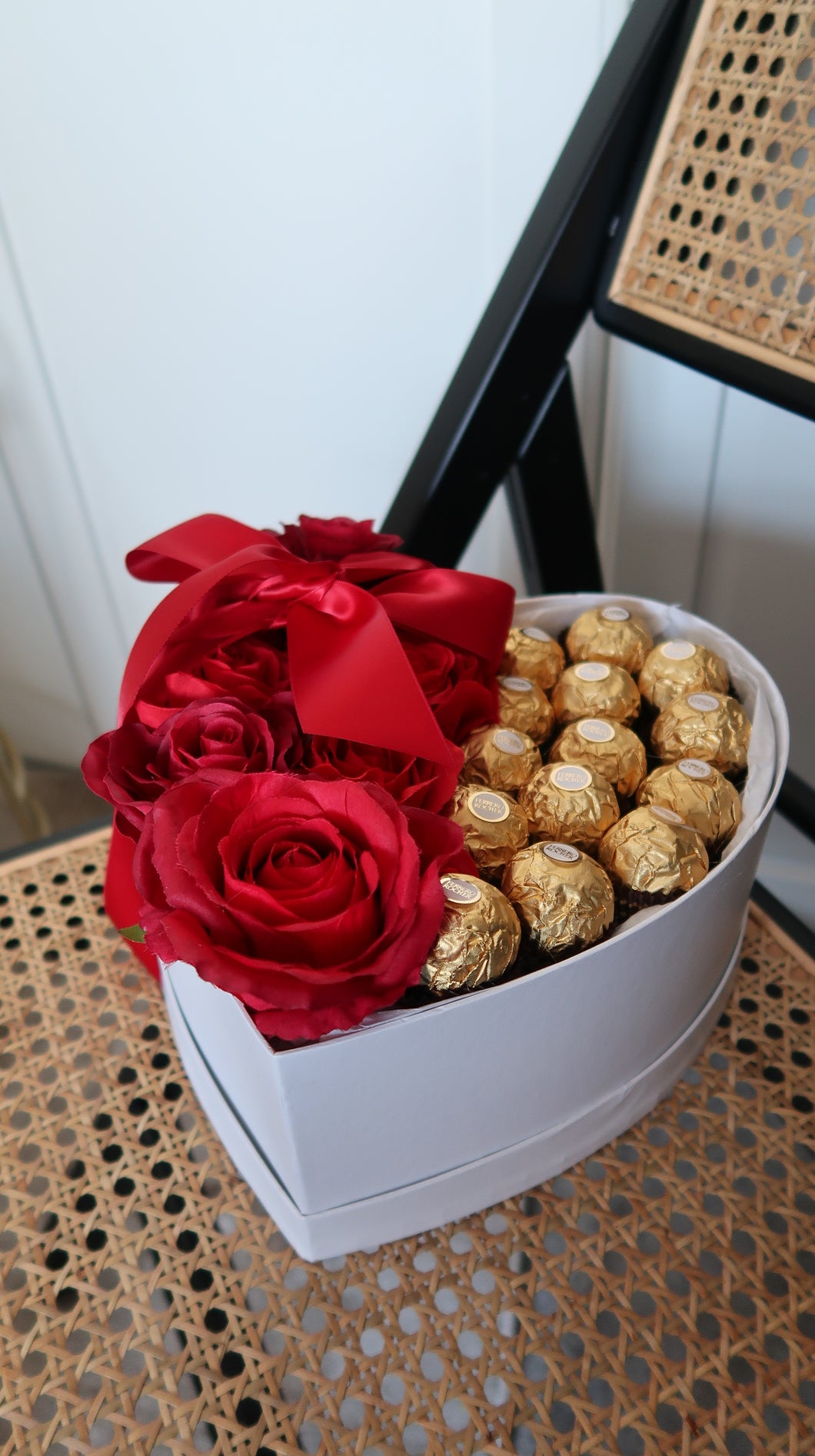 White Heart Shaped Luxury Silk Rose & Chocolate Box