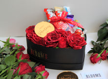 Load image into Gallery viewer, Valentine&#39;s Heart Shaped Luxury Red Silk Rose &amp; Chocolate Box

